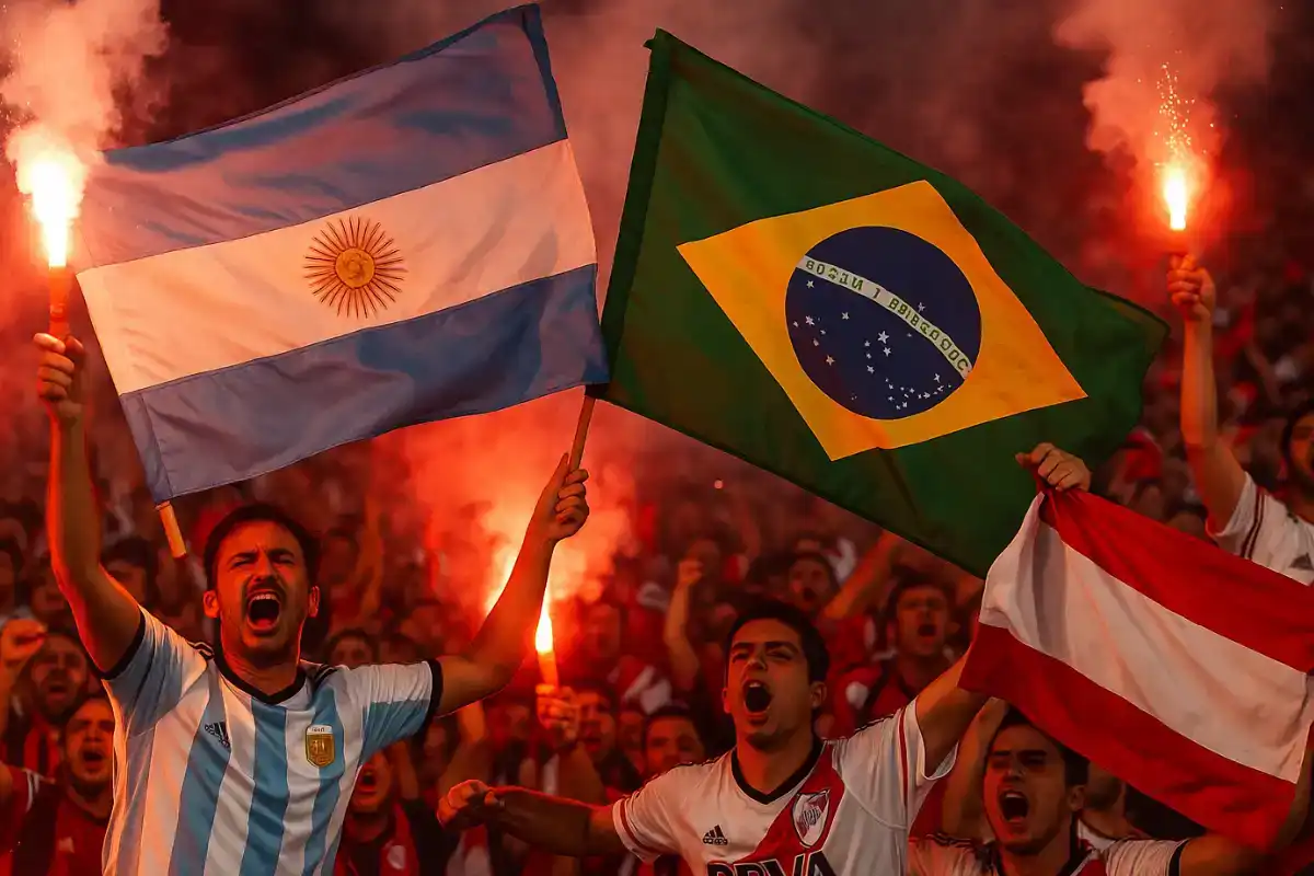 A paixão pulsante do torcedor sul-americano: a atmosfera única da Copa Libertadores. Fonte: Editora de Arte / Aqui Esportes Torcedores com bandeiras do Brasil e Argentina e sinalizadores em estádio de futebol.