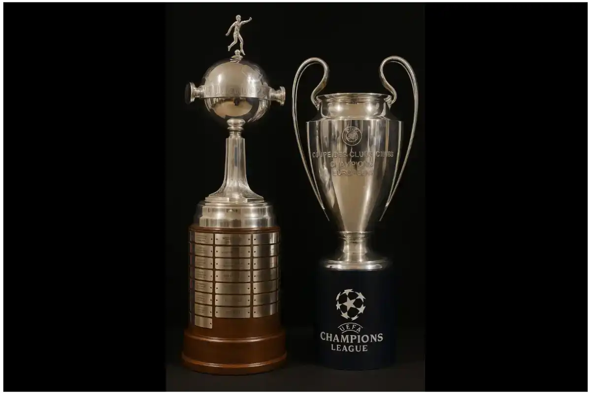 Taças da Copa Libertadores e da Champions League lado a lado, em comparação das competições. Fonte: Editora de Arte/Aqui Esportes