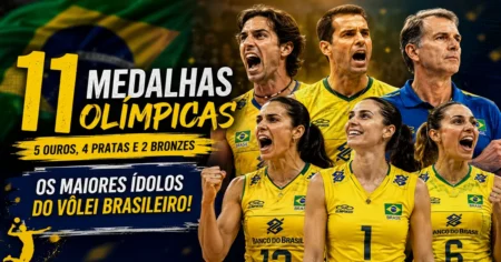 Maiores atletas do vôlei brasileiro com selo de 11 medalhas olímpicas — Giba, Sheilla e a seleção em quadra