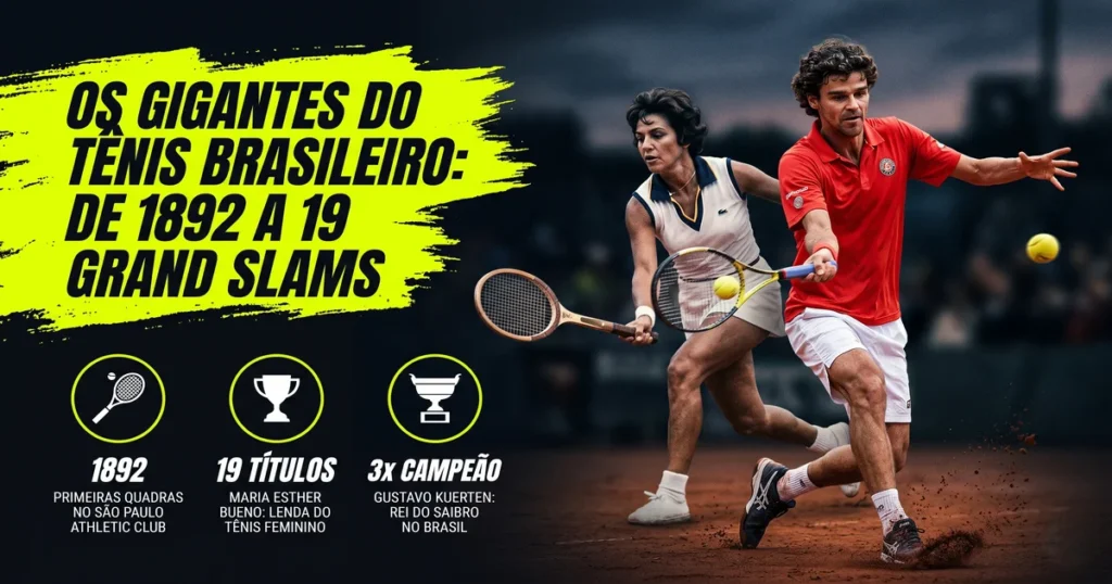 História do tênis no Brasil: ídolos como Maria Esther Bueno e Gustavo Kuerten em arte com bola e raquete