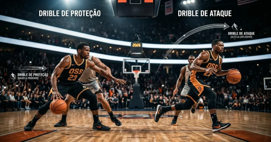 Jogador executando drible no basquete — fundamento técnico para se deslocar com a bola pela quadra