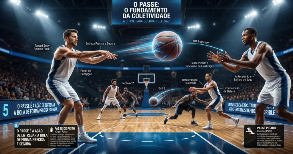 Jogador realizando passe no basquete — fundamento da coletividade que conecta a equipe em quadra