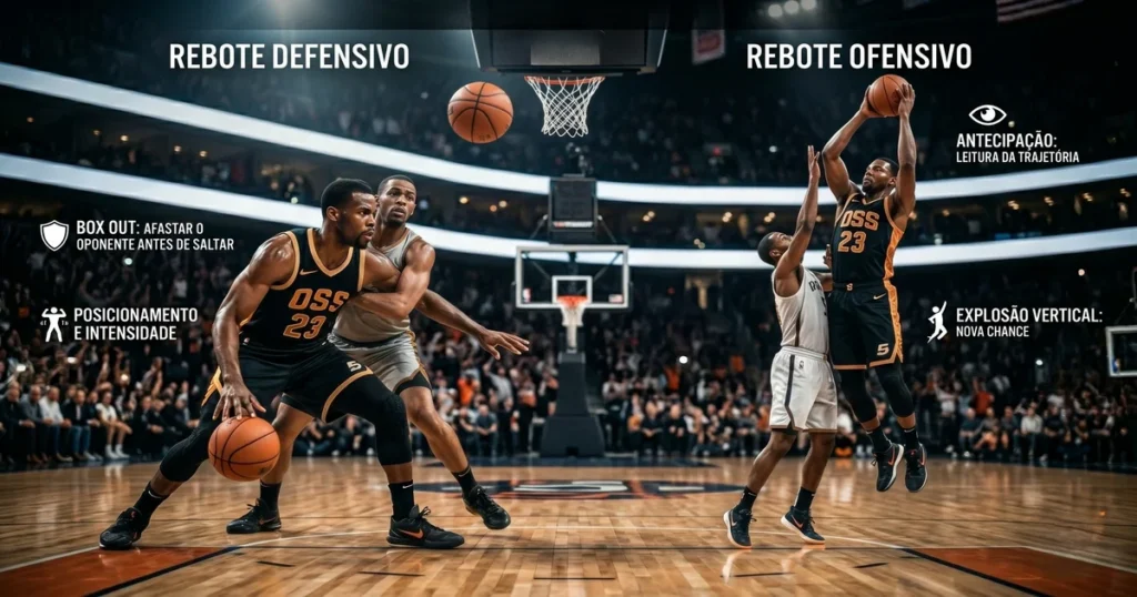 Disputa de rebote no basquete — fundamento de posicionamento e box out após arremesso errado