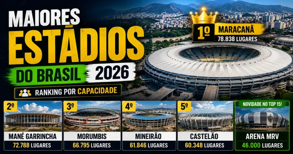 Ranking dos maiores estádios do Brasil em 2026: Maracanã lidera com 78.838 lugares, seguido por Mané Garrincha (72.788), MorumBis (66.795), Mineirão (61.846), Castelão (60.348) e Arena MRV (46.000)