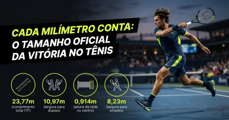 Quadra de tênis com medidas oficiais ITF: 23,77 m de comprimento por 8,23 m (simples) e 10,97 m (duplas)