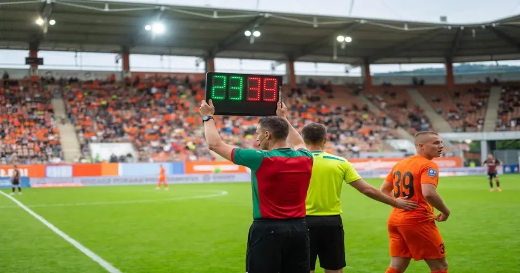 arbitro sinaliza uma substituicao em uma partida de futebol