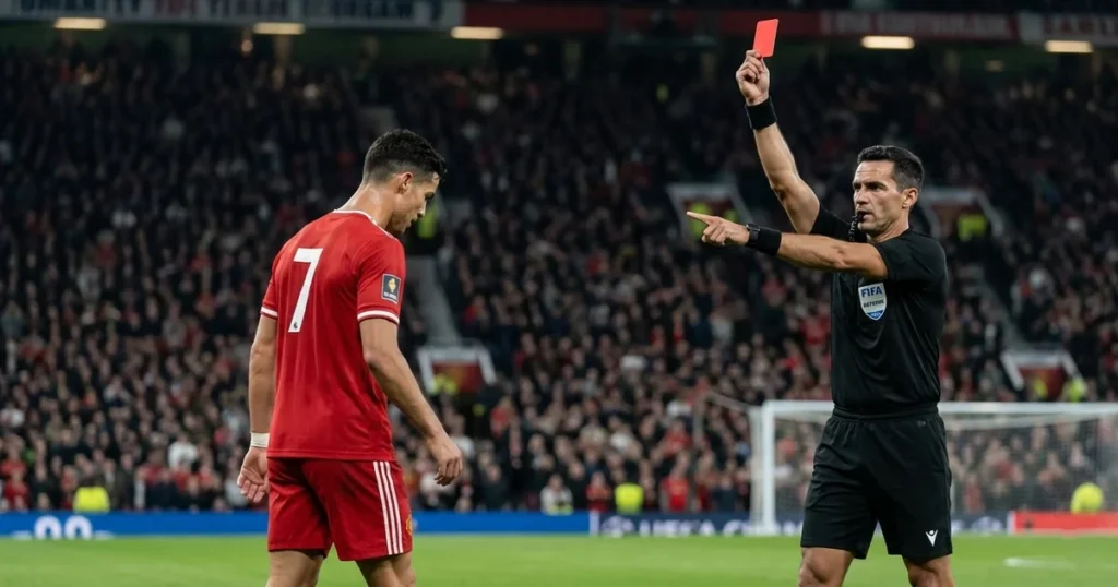 Cartão vermelho sendo apresentado por árbitro durante jogo de futebol oficial