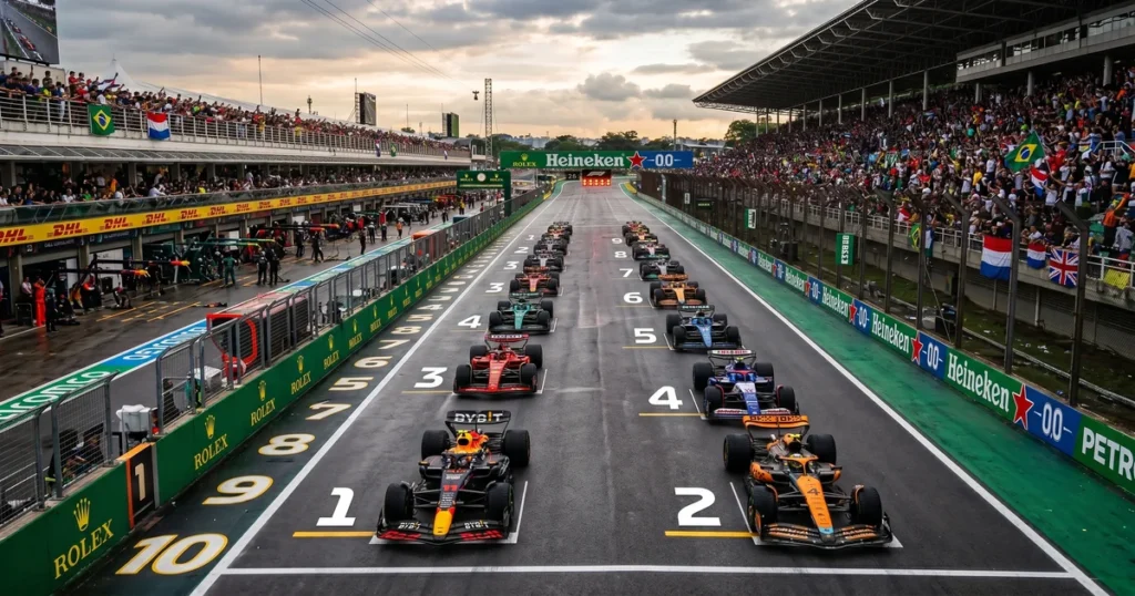 Diagrama do qualifying da F1 com sessões Q1 (18min, 22 pilotos), Q2 (15min, 16 pilotos) e Q3 (13min, 10 pilotos) disputando pole position