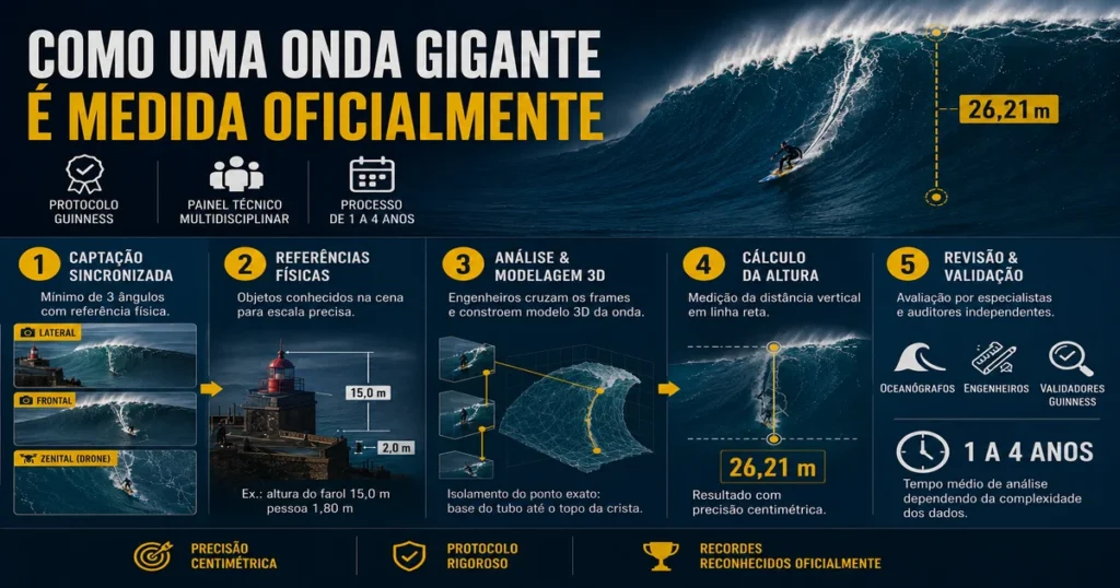 Diagrama do protocolo de medição fotogramétrica oficial de uma onda gigante surfada em Nazaré pelo Guinness