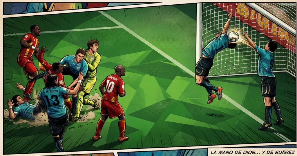 Luis Suárez impedindo gol com a mão no jogo Uruguai x Gana nas quartas de final da Copa do Mundo 2010