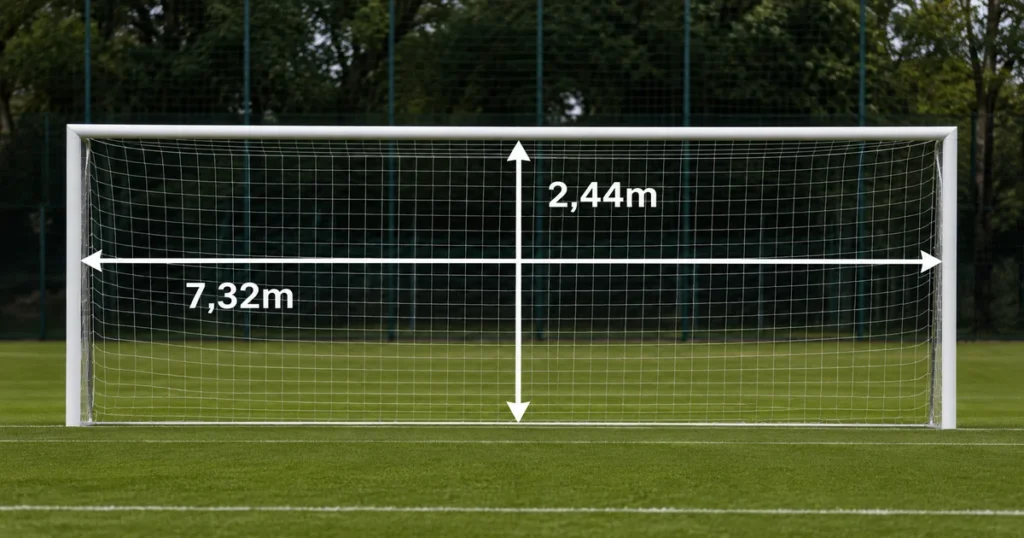 A altura oficial de uma trave de futebol de campo profissional, conforme as regras da FIFA e do Inmetro, é de 2,44 metros (da parte inferior do travessão ao solo). A largura oficial entre os postes é de 7,32 metros.