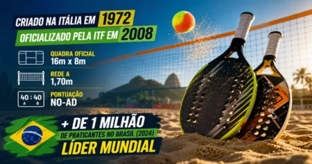 Jogadora de beach tennis executando smash em quadra de areia, com raquete sólida sem cordas e rede a 1,70m de altura