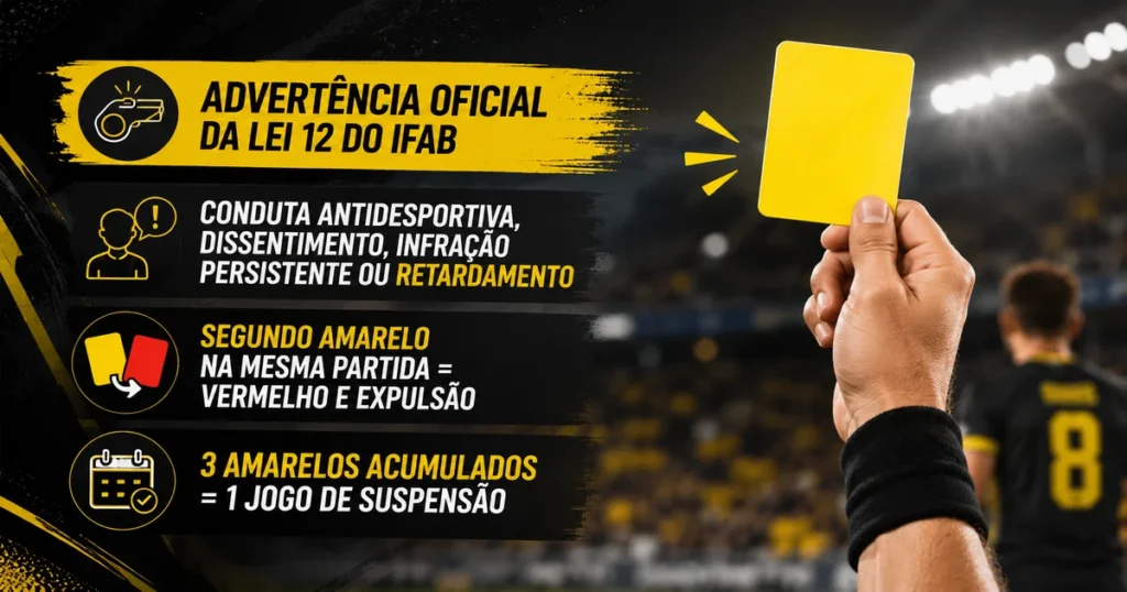 O Que é Cartão Amarelo no Futebol? Regras e Suspensão Árbitro mostrando cartão amarelo a jogador no futebol — advertência da Lei 12 do IFAB segundo regras 2026