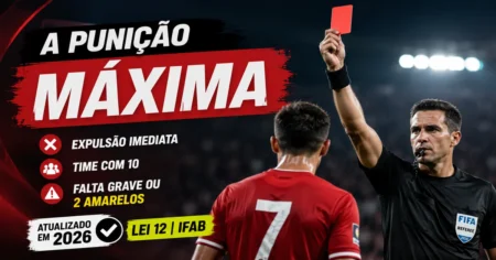 O Que é Cartão Vermelho no Futebol? Lei 12 e Suspensão Árbitro mostrando cartão vermelho ao expulsar jogador em partida de futebol profissional
