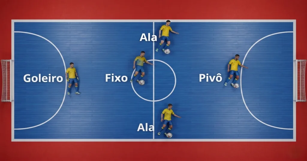 Infográfico das 4 posições do futsal: Goleiro, Fixo, Ala e Pivô em quadra