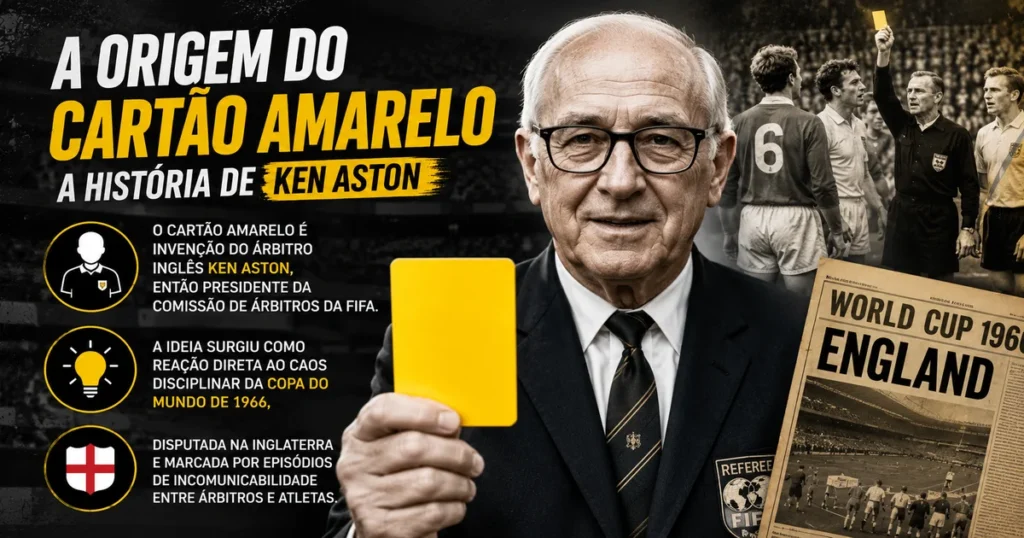 Árbitro de futebol mostrando cartão amarelo durante partida — sistema criado por Ken Aston em 1966 e estreado na Copa do Mundo de 1970