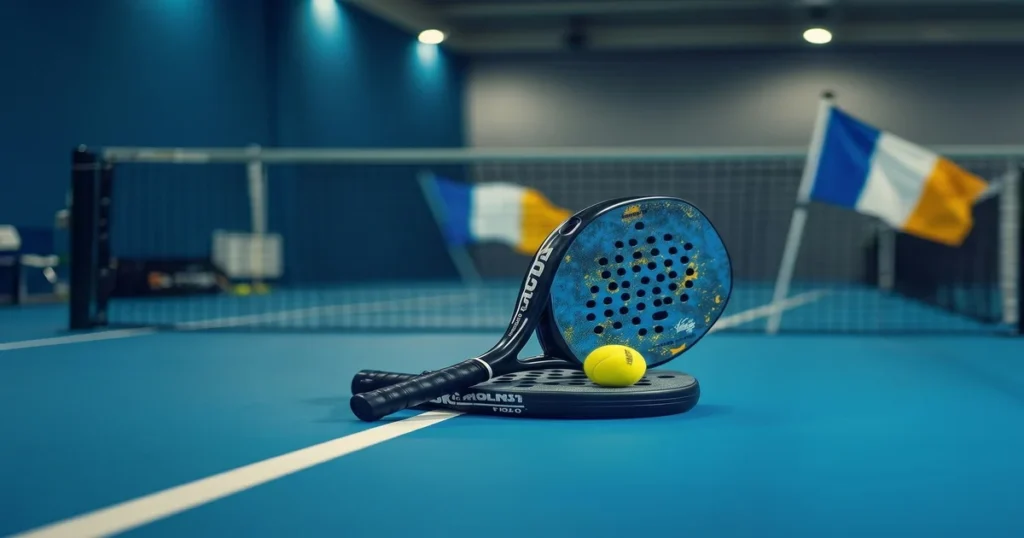 Raquete de padel formato lágrima com cabo antideslizante e plano de impacto perfurado conforme regulamento FIP 2026 (45,5 cm × 26 cm × 38 mm)