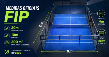 Capa do guia com dimensões oficiais da quadra de padel — 20×10 metros segundo a Federação Internacional de Padel (FIP).