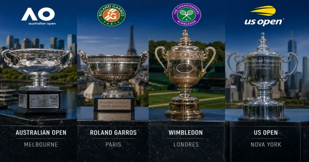 Os 4 torneios do Grand Slam do tênis: Australian Open em Melbourne, Roland Garros em Paris, Wimbledon em Londres e US Open em Nova Iorque