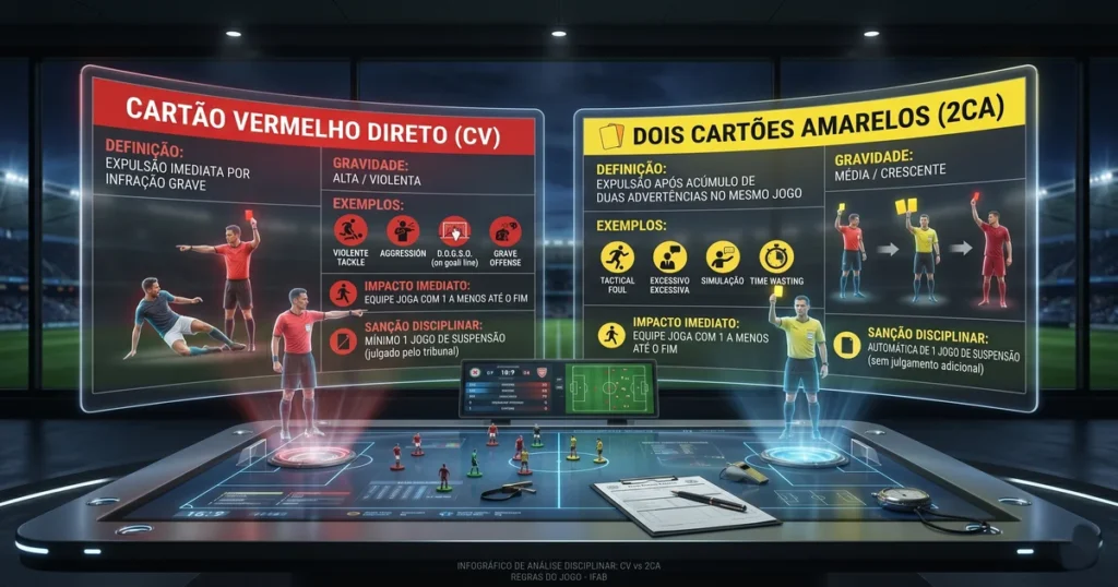 Infográfico comparativo entre cartão amarelo (advertência) e cartão vermelho (expulsão) no futebol