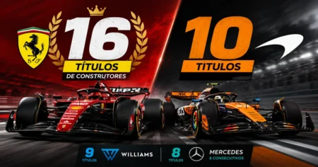 Maiores equipes da F1 lado a lado: Ferrari vermelha, McLaren laranja e Mercedes prata representando o Top 6 do Campeonato de Construtores