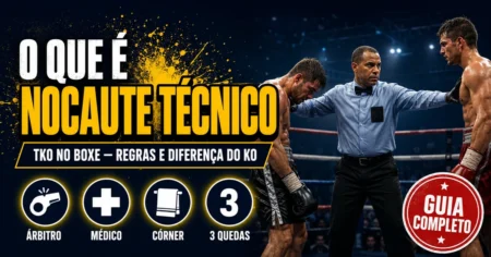 Árbitro de boxe interrompendo a luta entre dois boxeadores no ringue — explicação de nocaute técnico (TKO)