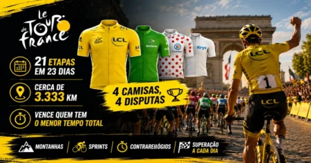 Como Funciona o Tour de France? Etapas, Camisas e Regras Como funciona o Tour de France: camisa amarela do líder e pelotão na maior corrida de ciclismo