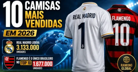 Ranking das 10 camisas de futebol mais vendidas em 2026, com Real Madrid lider (3.133.000) e Flamengo unico brasileiro no top 10 (1.677.000)