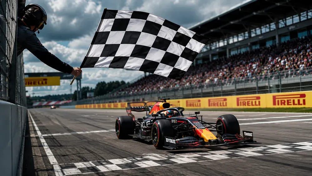 Bandeira quadriculada preta e branca acenada na linha de chegada de uma corrida de Fórmula 1 marcando o fim da prova