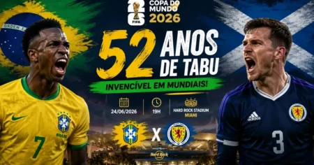 Capa do confronto Brasil x Escócia na Copa do Mundo 2026, dia 24 de junho no Hard Rock Stadium, em Miami, pela 3ª rodada do Grupo C