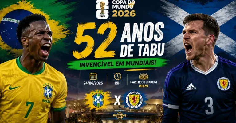 Capa do confronto Brasil x Escócia na Copa do Mundo 2026, dia 24 de junho no Hard Rock Stadium, em Miami, pela 3ª rodada do Grupo C