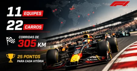 Como funciona a Fórmula 1: carro de F1 acelerando na pista, com 11 equipes, 22 carros e corridas de 305 km