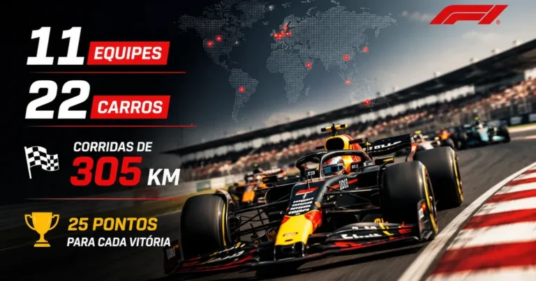 Como funciona a Fórmula 1: carro de F1 acelerando na pista, com 11 equipes, 22 carros e corridas de 305 km