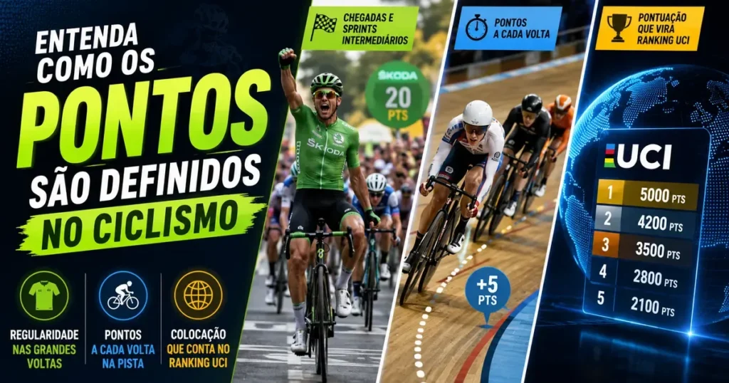 Infográfico sobre pontuação no ciclismo: camisa verde nas Grandes Voltas, pontos por volta no ciclismo de pista e ranking mundial da UCI