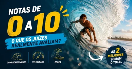 Capa sobre a pontuacao no surfe: surfista na onda, notas de 0 a 10 por comprometimento, velocidade e poder; as 2 melhores ondas somam o total