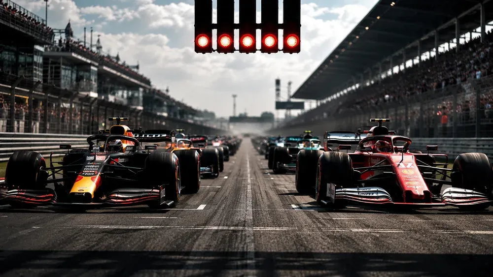 Largada de uma corrida sprint da Formula 1 com carros lado a lado no grid e luzes de largada acesas