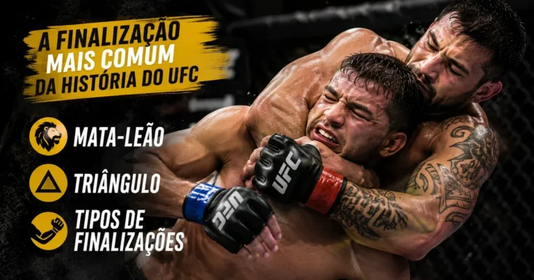Lutador aplicando um mata-leão (estrangulamento) no octógono do UFC, com destaque para os tipos de finalização no MMA: mata-leão, triângulo e chaves
