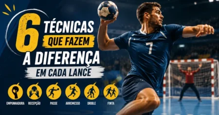 Jogador de handebol em arremesso em suspensão com os 6 fundamentos do esporte: empunhadura, recepção, passe, arremesso, drible e finta