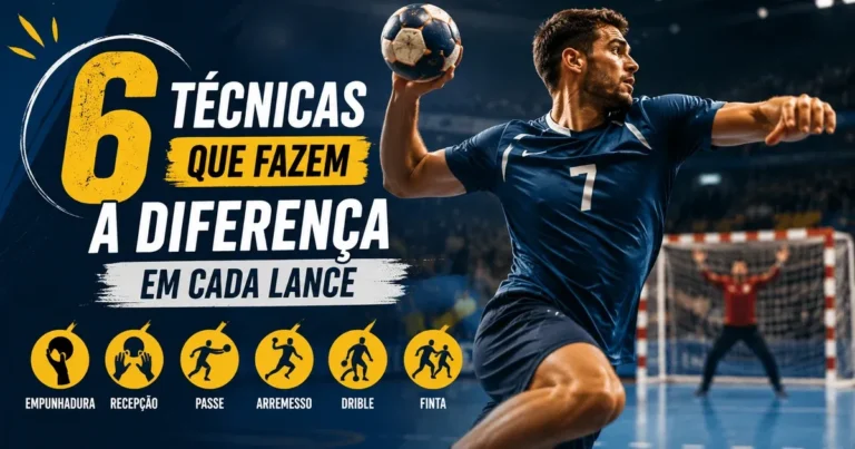 Jogador de handebol em arremesso em suspensão com os 6 fundamentos do esporte: empunhadura, recepção, passe, arremesso, drible e finta