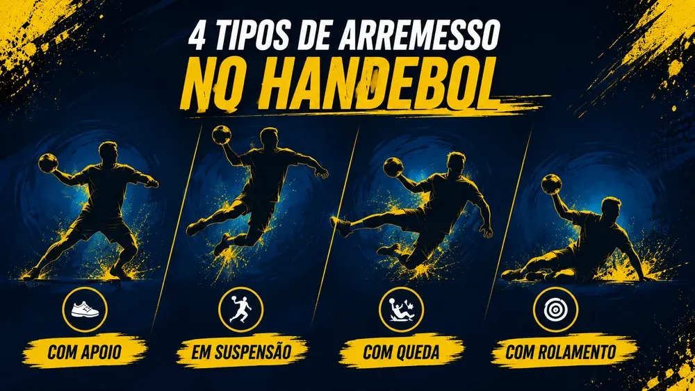 Os quatro tipos de arremesso do handebol em silhueta: com apoio, em suspensão, com queda e com rolamento