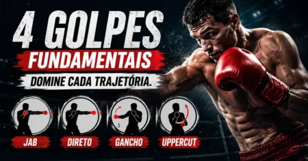 Boxeador desferindo golpes do boxe no ringue: jab, direto, gancho e uppercut, os quatro socos fundamentais