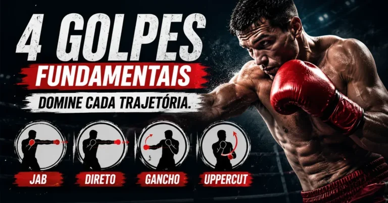 Boxeador desferindo golpes do boxe no ringue: jab, direto, gancho e uppercut, os quatro socos fundamentais