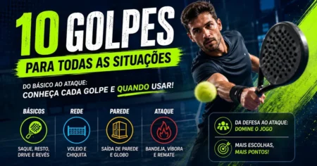 Jogador de padel executando golpe de ataque acima da cabeça em quadra fechada de vidro, ilustrando os 10 golpes do esporte