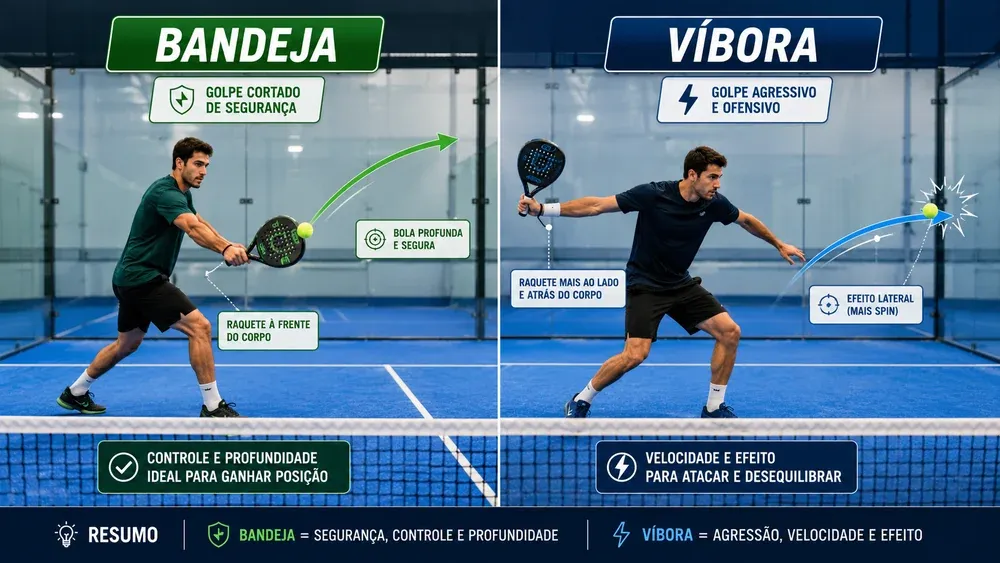 Diagrama comparando os golpes bandeja e víbora no padel, com a posição do corpo e a direção da bola de cada um