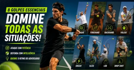Golpes do Tênis: Forehand, Backhand, Saque e Mais Capa ilustrando os principais golpes do tênis: forehand, backhand, saque, voleio e smash em quadra