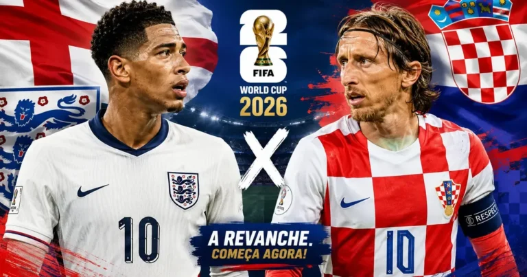 Capa de Inglaterra x Croácia na estreia do Grupo L da Copa do Mundo de 2026 no AT&T Stadium, em Dallas