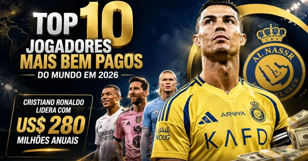 Capa do ranking Forbes dos 10 jogadores mais bem pagos do mundo em 2026, com Cristiano Ronaldo no topo, US 280 milhoes anuais no Al-Nassr