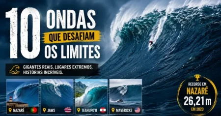 Surfista descendo uma onda gigante com miniaturas dos spots Nazaré, Jaws, Teahupo'o e Mavericks e o recorde de 26,21 m em Nazaré