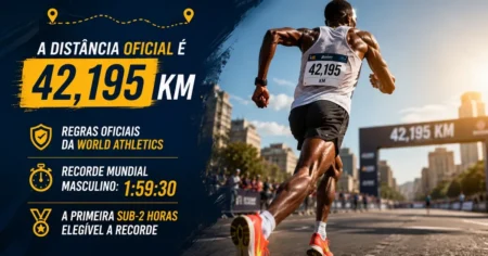 Capa sobre a maratona no atletismo: prova de fundo de 42,195 km regulada pela World Athletics