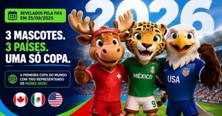 Os três mascotes da Copa do Mundo 2026: Maple (alce do Canadá, vermelho), Zayu (onça-pintada do México, verde) e Clutch (águia dos Estados Unidos, azul)